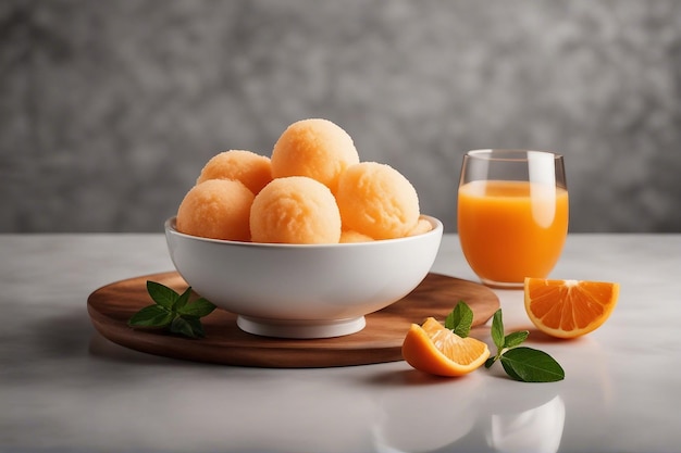 Eine köstliche Schüssel Orangensorbet mit Orangensaft isoliert auf einem Tisch