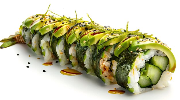 Eine köstliche Sushi-Rolle, geschmückt mit Avocado-Schnitten auf weißem Hintergrund, perfekt für die Menü-Visualisierung, frische, gesunde Mahlzeiten in der modernen Küche, KI