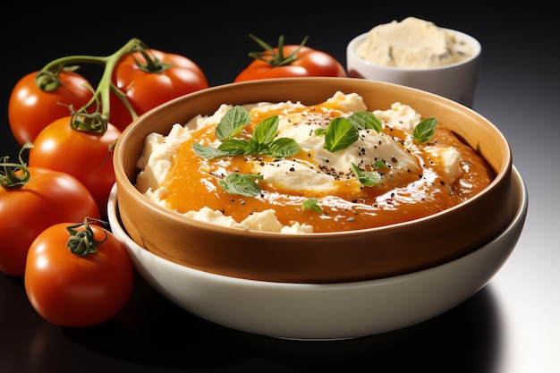 Eine köstliche Tomatensuppe in einer Schüssel Winternahrung und eine gesunde Proteinsuppe