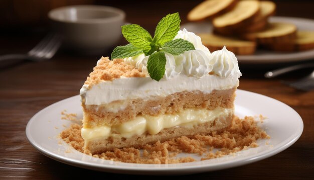 Eine köstliche und cremige Bananencreme-Torte mit frischen Bananen auf einem rustikalen Holzhintergrund