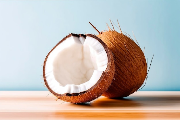 Eine köstliche und natürliche Kokosnuss, die offen ist und das weiße Fruchtfleisch auf einem flachen Hintergrund sichtbar ist