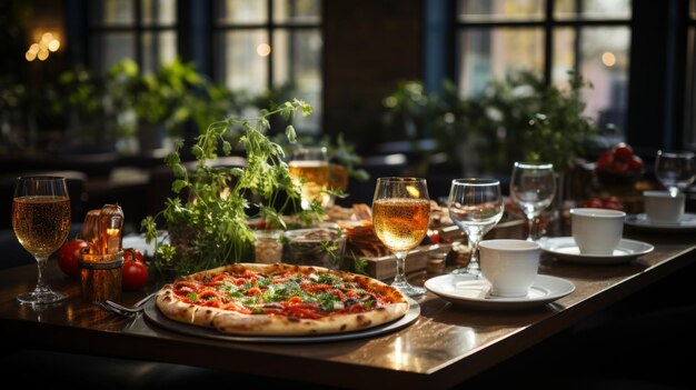 Eine köstliche und schmackhafte italienische Pizza mit Tomaten und Mozzarella auf einem wunderschön servierten Tisch