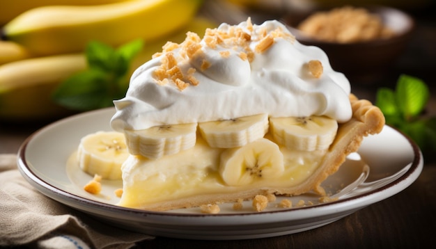 Eine köstliche und verlockende Bananencreme-Torte auf rustikalem Holzhintergrund, ein perfektes Dessert für Gourmetliebhaber.
