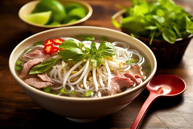 Foto eine köstliche vietnamesische pho-bo-suppe mit rindfleisch und limette.