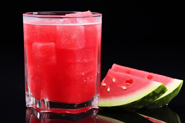 Eine köstliche Wassermelonenscheibe und ein Saftglas