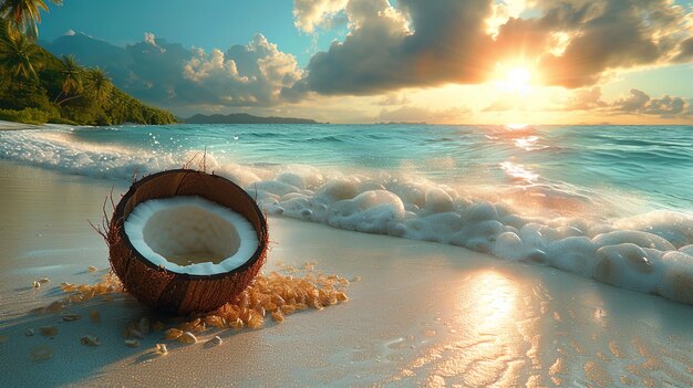 Eine Kokosnuss, die halb im weichen Sand eines verlassenen Strandes vergraben ist und deren Inhalt auf die Entdeckung durch einen F