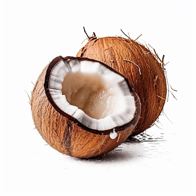 Eine Kokosnuss mit einem weißen Inneren und einem Tropfen Wasser darauf.