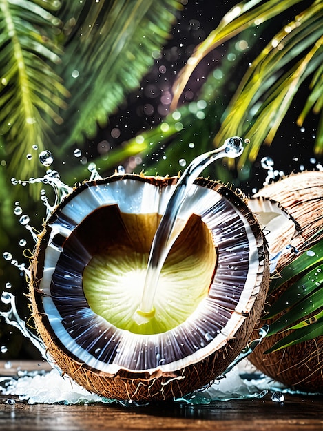 Foto eine kokosnuss wird mit wasser besprüht