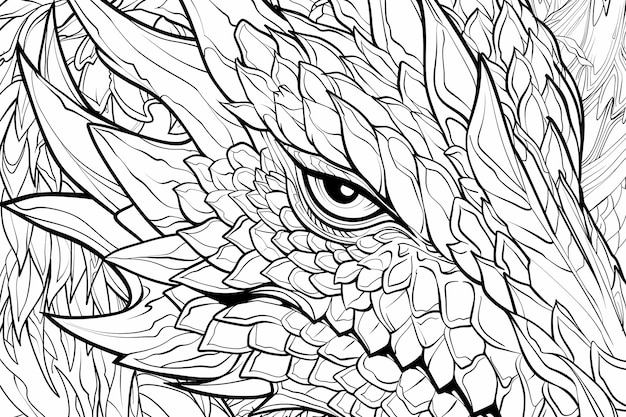 Eine komplizierte Farbbuchseite für Erwachsene mit einem Drachen-Thema mit detaillierten Mustern
