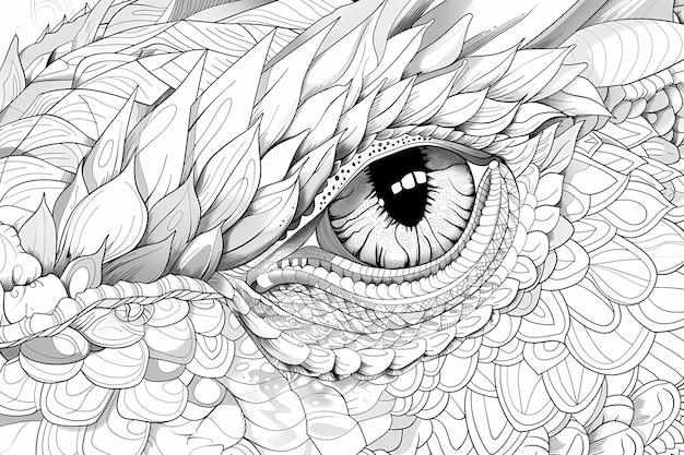 Eine komplizierte Farbbuchseite für Erwachsene mit einem Drachen-Thema mit detaillierten Mustern
