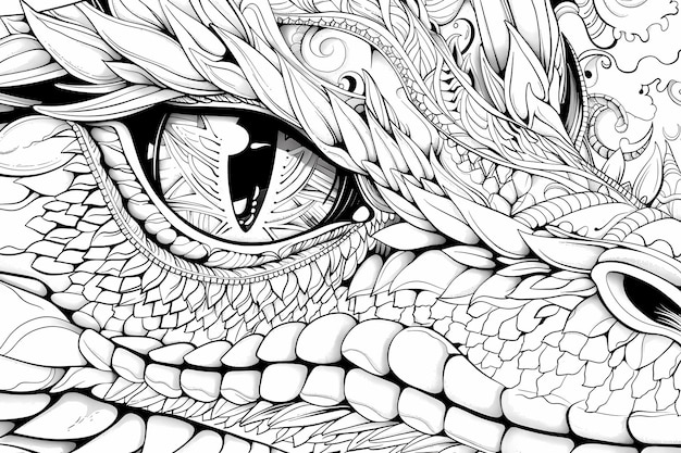 Eine komplizierte Farbbuchseite für Erwachsene mit einem Drachen-Thema mit detaillierten Mustern