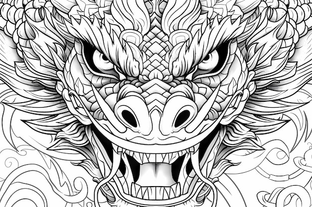 Eine komplizierte Farbbuchseite für Erwachsene mit einem Drachen-Thema mit detaillierten Mustern