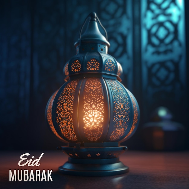 Eine komplizierte Lampe mit den Worten Eid Mubarak im Hintergrund.