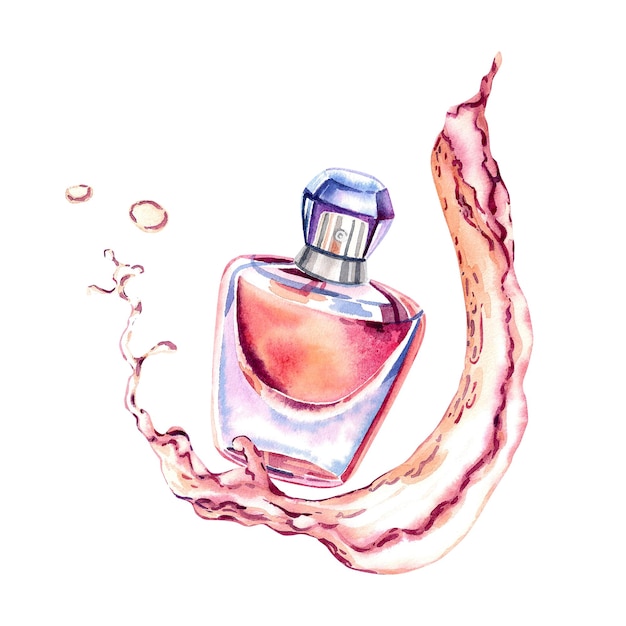 Eine Komposition aus orangefarbenem Toilettenwasser und einem Spritzer flüssigem Damenparfüm. Aquarellillustration auf einem isolierten Hintergrund. Schönheit und Mode. Der duftende Duft von Blumen. Stilvoller Weihrauch