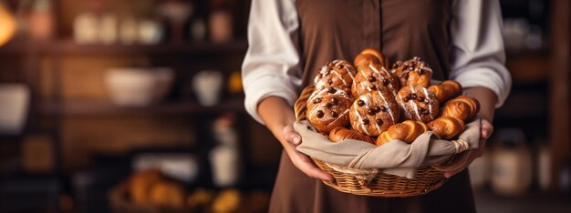 Foto eine konditorin hält einen korb mit frischen leckeren brötchen bannerplatz für text hochwertiges foto