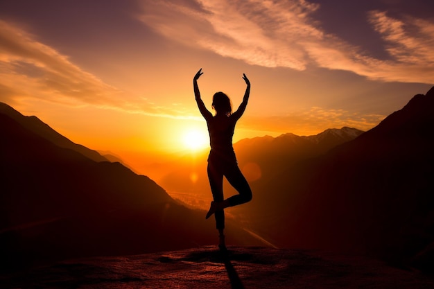 Eine kontrastreiche Fitnessfrau, die bei Sonnenaufgang Yoga macht