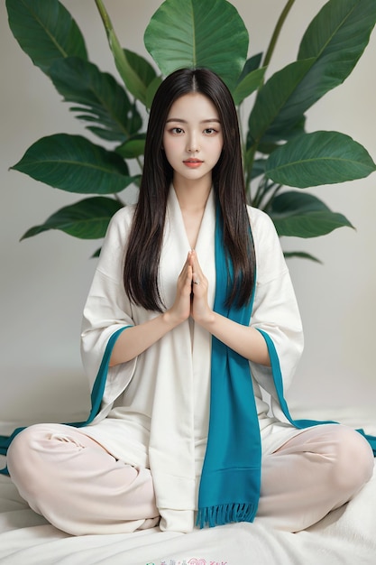 Eine konzentrierte junge asiatische Frau meditierte in einer Yoga-Pose mit Lotus-Händen und schaute in die Kamera.