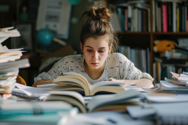 Eine konzentrierte Studentin, die sich fleißig auf ihre Bücher und Notizen konzentrierte und sich auf die bevorstehenden Prüfungen vorbereitete.