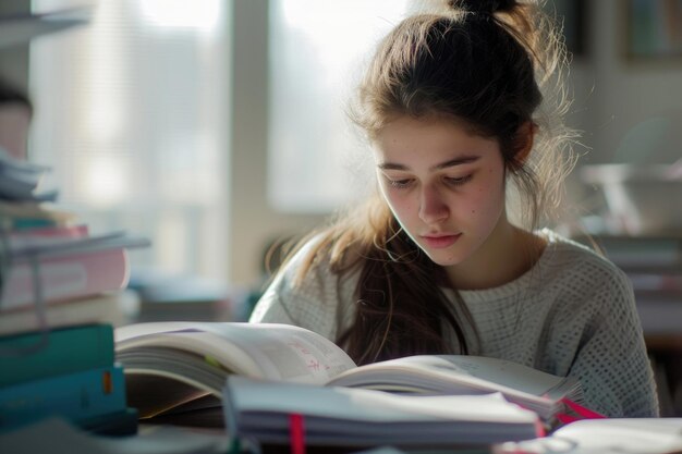Eine konzentrierte Studentin, die sich fleißig auf ihre Bücher und Notizen konzentrierte und sich auf die bevorstehenden Prüfungen vorbereitete.