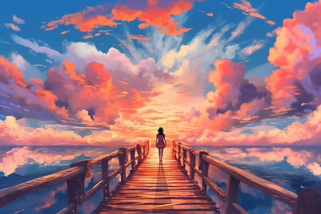 eine Konzeptkunst einer Person, die auf einem Pier steht und den Sonnenuntergang betrachtet