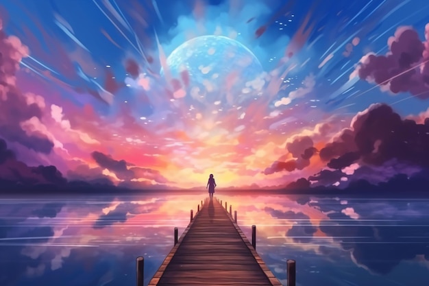 eine Konzeptkunst einer Person, die auf einem Pier steht und den Sonnenuntergang betrachtet
