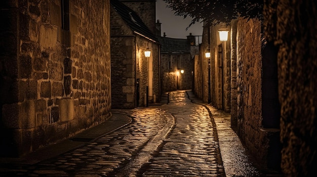 Eine Kopfsteinpflasterstraße bei Nacht mit eingeschalteten Lichtern.