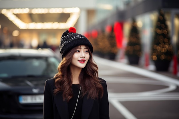 Eine koreanische Frau hat eine schöne Frisur mit einer weihnachtlichen Atmosphäre im Hintergrund