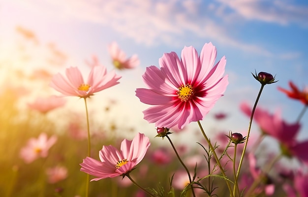 Eine Kosmosblume mit dem Gesicht zum Sonnenaufgang im Feld