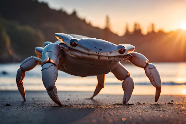 Eine Krabbe am Strand bei Sonnenuntergang