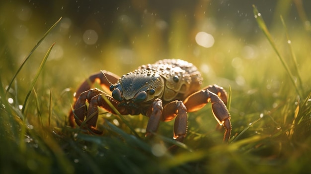 Eine Krabbe im Gras, auf die die Sonne scheint