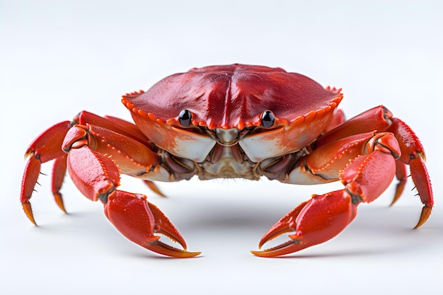 Eine Krabbe mit roter Haut und rotem Gesicht sitzt auf einer weißen Oberfläche.