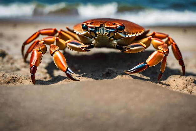 Eine Krabbe steht vor einem Loch am Meer