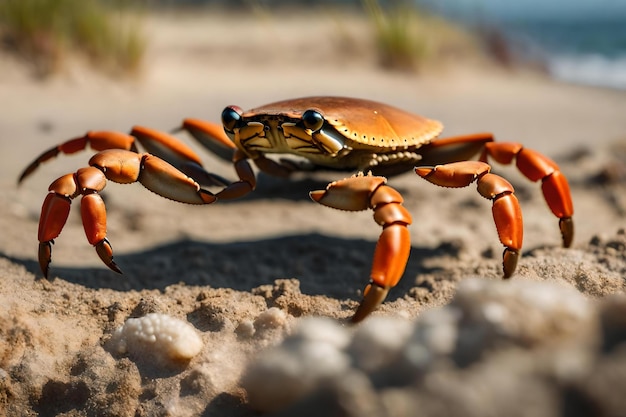 Eine Krabbe steht vor einem Loch am Meer