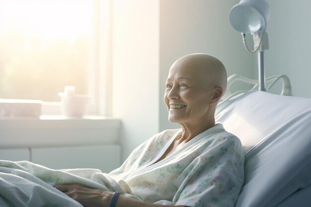 Foto eine kranke frau, die mit einem iv-tropfbeutel behandelt wird, sitzt im krankenhausbett.