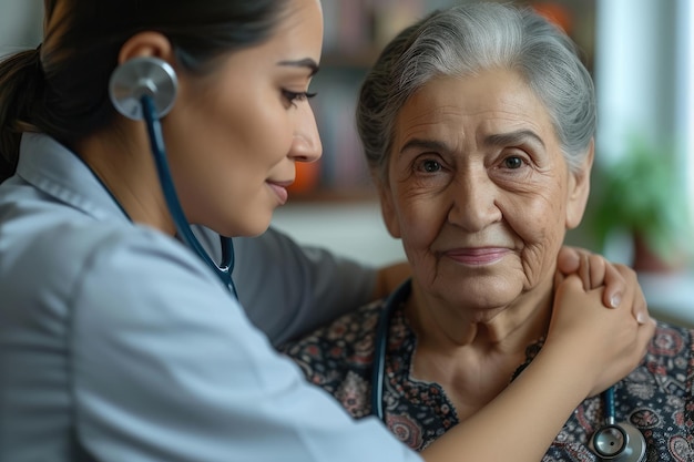 Foto eine krankenschwester benutzt ein stethoskop bei einer älteren frau in der arztpraxis.