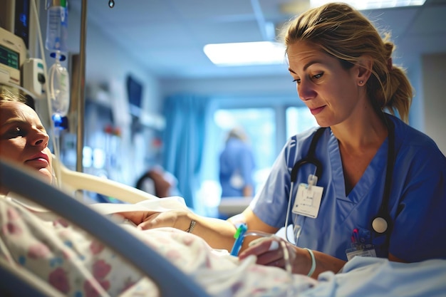 Eine Krankenschwester, die sich um einen Patienten in einem Krankenhaus kümmert, generiert von KI