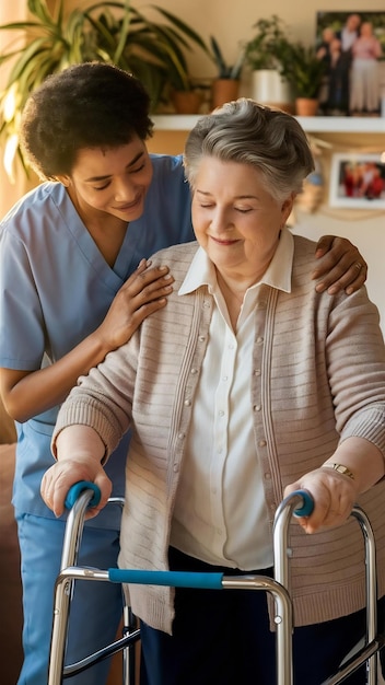 Eine Krankenschwester hilft einer älteren Frau, einen Gehstuhl zu benutzen