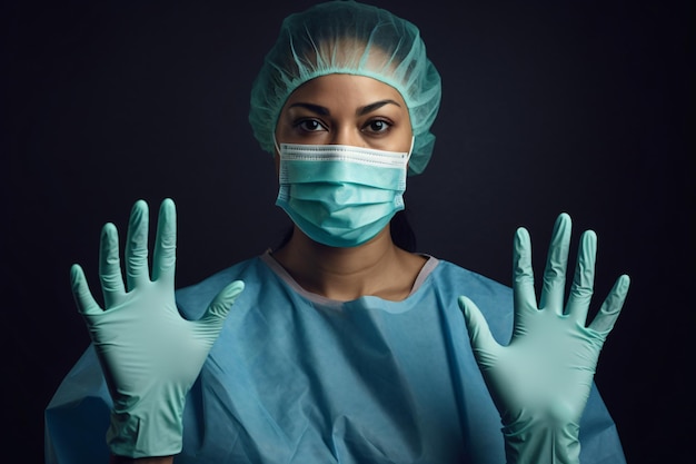Eine Krankenschwester im Schutzanzug und mit Maske hebt zur Demonstration die Hände