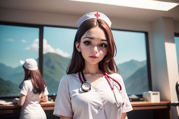 Eine Krankenschwester in einer weißen Uniform steht vor einem Fenster mit einem Berg im Hintergrund.