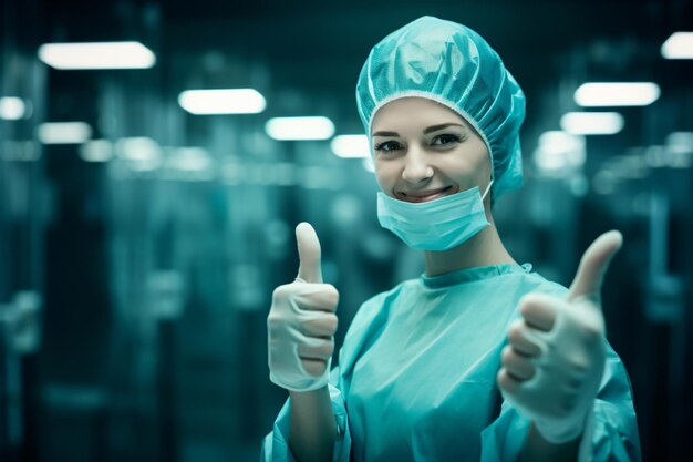Eine Krankenschwester in Schutzanzügen und Masken streckt den Daumen nach oben