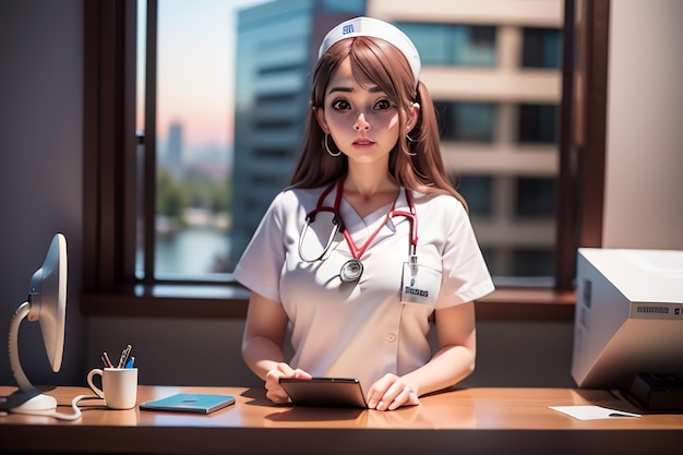 Foto eine krankenschwester in weißer uniform steht an einem schreibtisch mit einem tablet vor einem fenster.