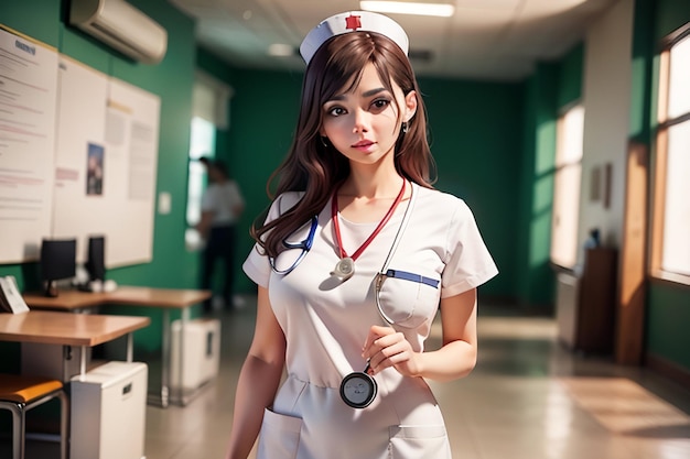 Eine Krankenschwester in weißer Uniform und mit einem Stethoskop am Hals geht durch einen Flur.