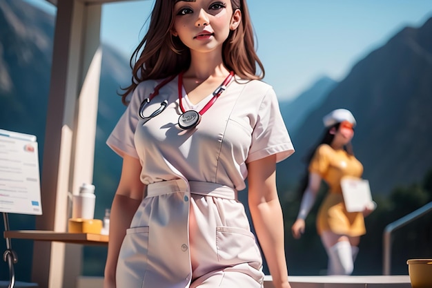Eine Krankenschwester mit Stethoskop steht vor einem Berg.
