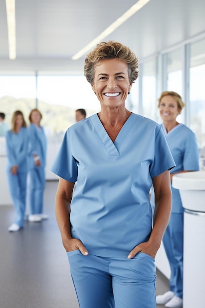 Foto eine krankenschwester steht in einem krankenhauszimmer mit mehreren medizinischen mitarbeitern im hintergrund