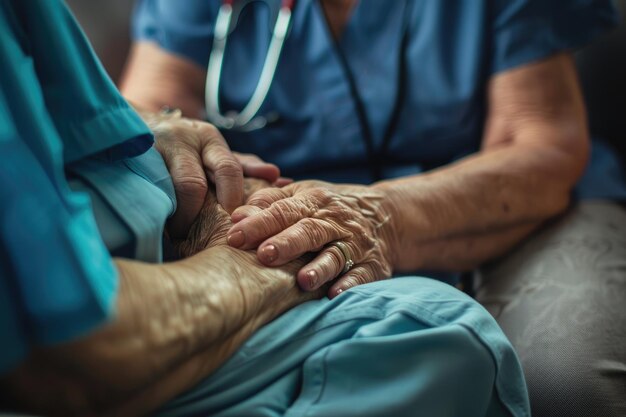 Eine Krankenschwester tröstet einen Patienten, indem sie ihn an der Hand hält