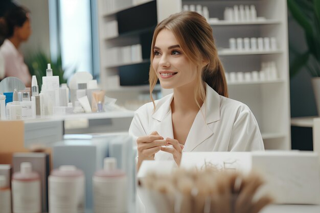 eine Krankenschwester überprüft die Kosmetikprodukte in einer Kosmetikhandlung