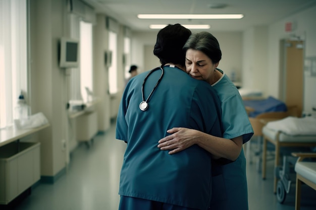 Eine Krankenschwester umarmt einen Patienten im Flur eines Krankenhauses