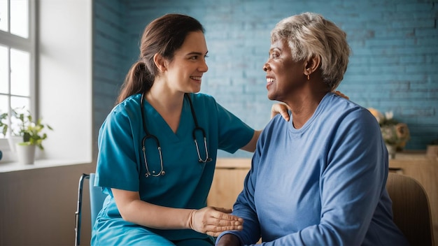 eine Krankenschwester und ein Patient sprechen in einem Krankenhaus