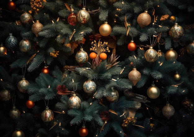 Eine kreative Aufnahme eines Weihnachtsbaums, der mit handgefertigten Schmuckstücken geschmückt ist.