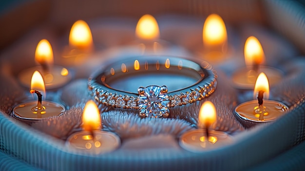 Eine kreative Aufnahme von einem Verlobungsring, der in einer Kiste eingebettet ist und von Kerzen umgeben ist.